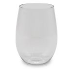 A clear, stemless shatterproof red wine glass with a smooth, rounded shape. Features branding on the side.