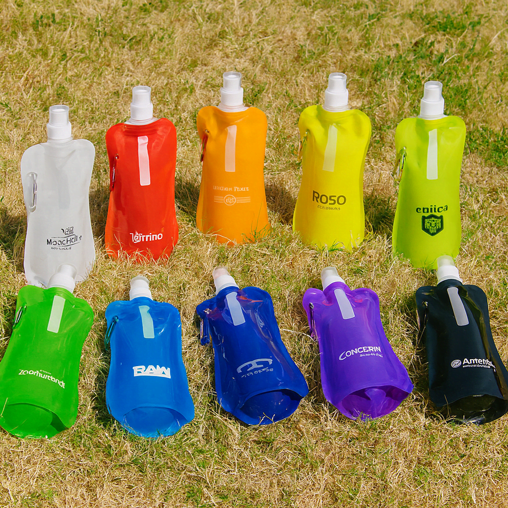 A drink bottle assortment featuring various colours including white, orange, yellow, green, and blue, each with a logo. Sorento 500ml Water Pouch - Image 1