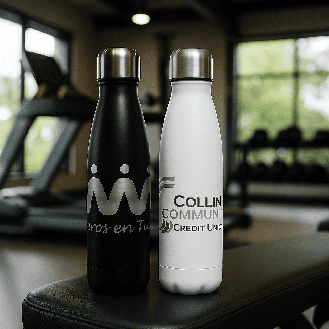A drink bottle set featuring a black and a white stainless steel water bottle, each with a logo. Classic 500ml Water Bottle - Image 1