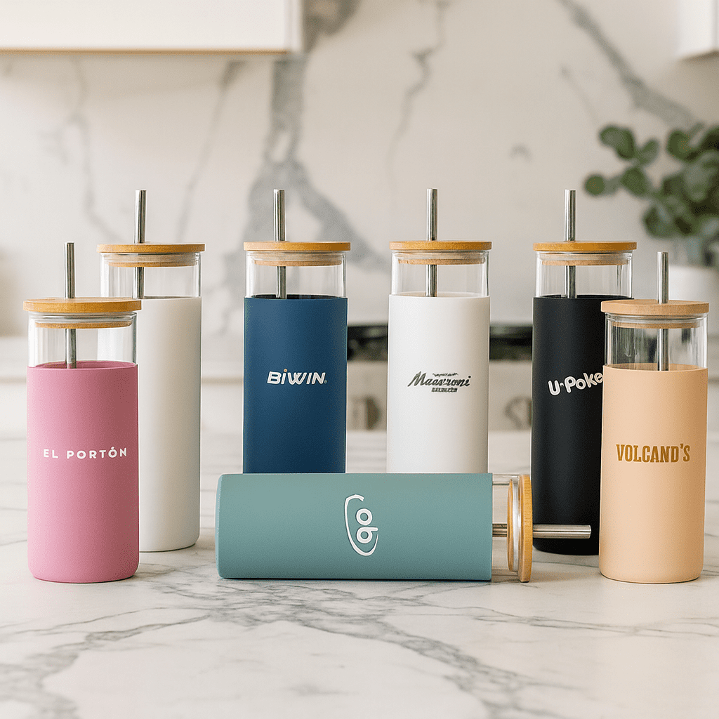 A collection of colourful plastic tumblers with bamboo lids and straws in various shades, featuring different logos. Sunrise Smoothie 500mL Tumbler - Image 1