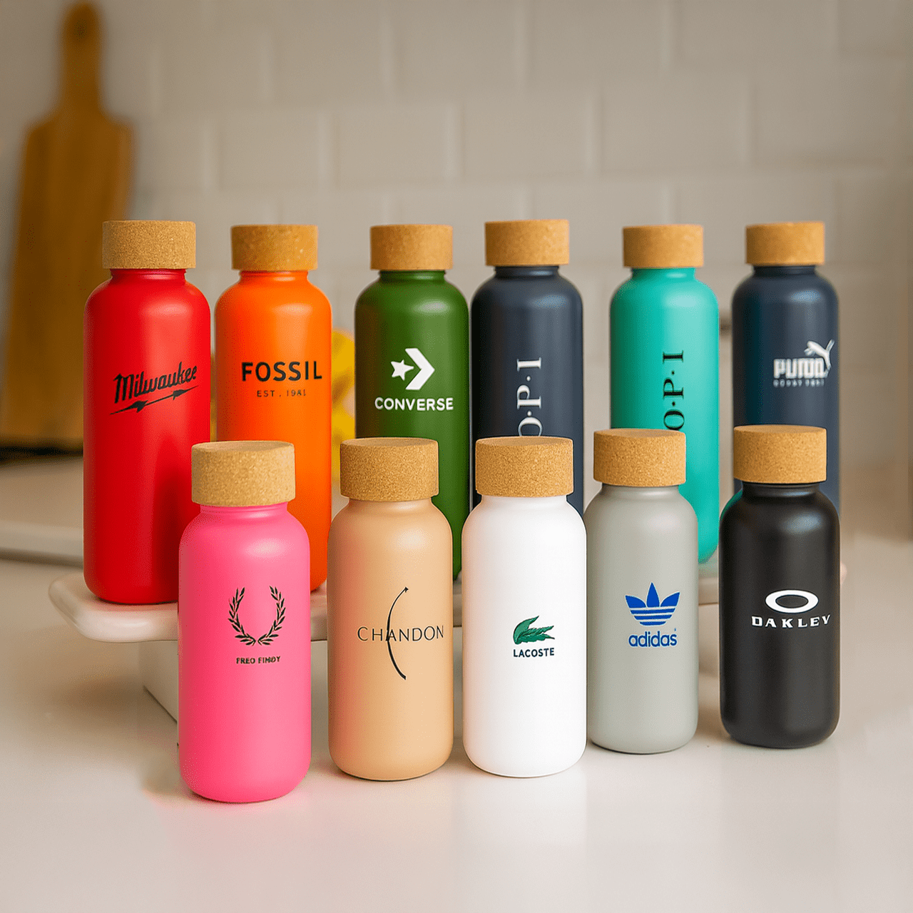 A drink bottle collection featuring various colours including red, green, black, and white, with cork lids and logos. Organic 650ml Bottle - Image 1