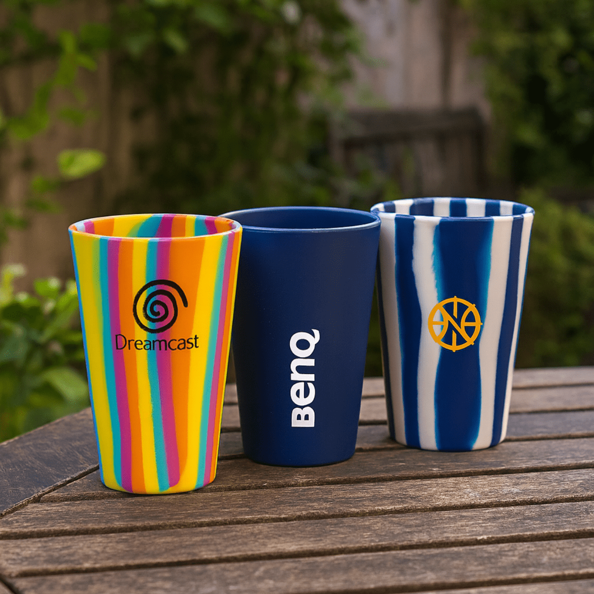 A drink cup set featuring a multicoloured striped cup, a navy blue cup with a logo, and a blue striped cup with a logo. Monti 470mL Cup - Image 1