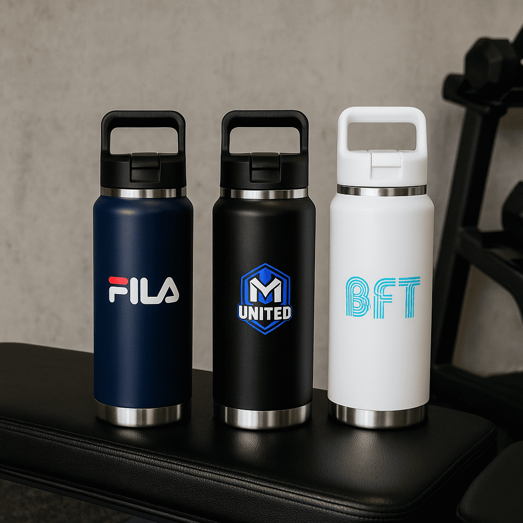 A drink bottle set featuring a navy blue, black, and white stainless steel design, each with a different logo. Summit 750ml Drink Bottle - Image 1