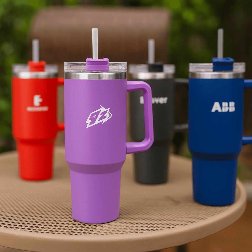A drink bottle with a purple body and a transparent lid, featuring a straw, alongside red, black, and blue bottles, each with a logo. The Hippo 1.2L Mug - Image 1