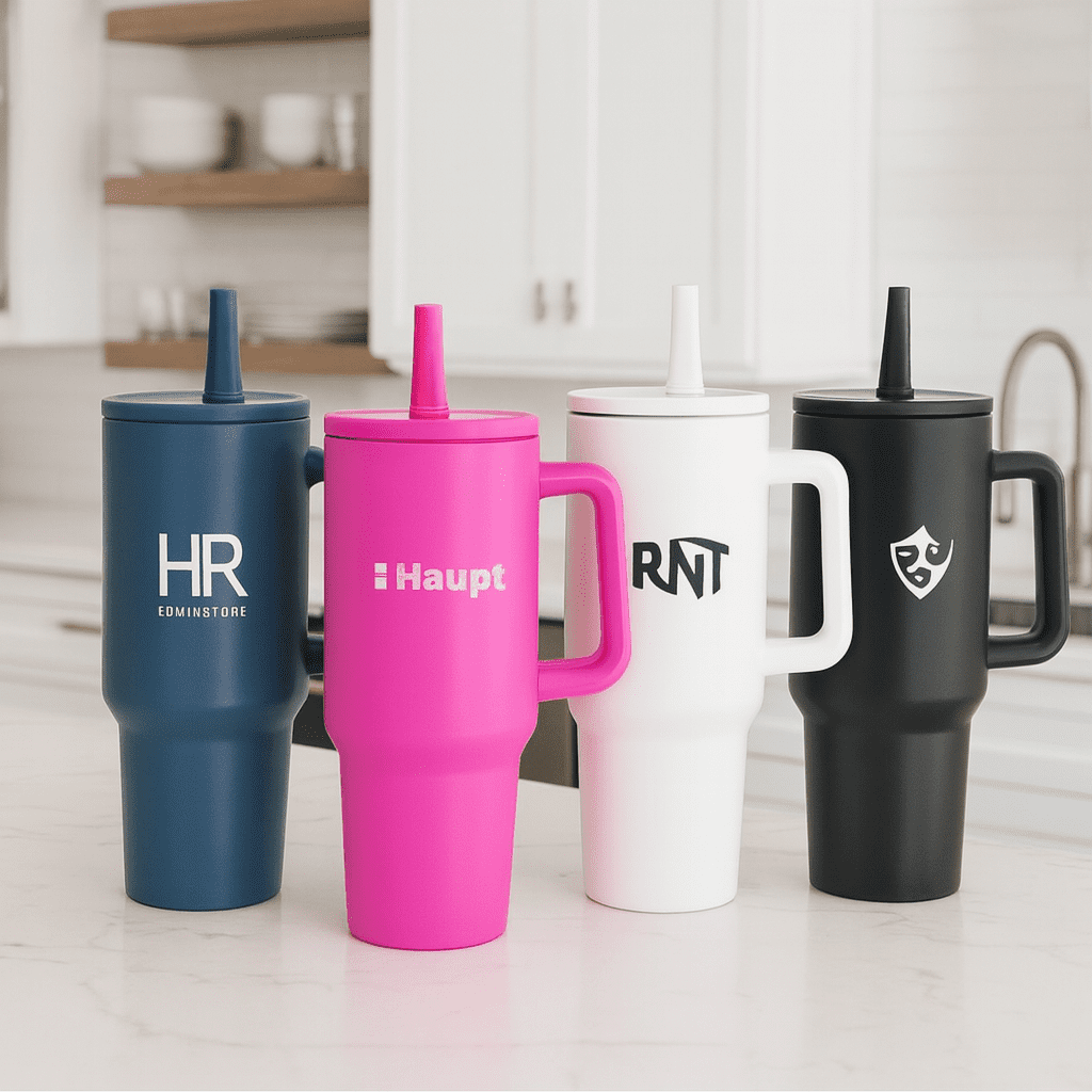 A drink bottle collection featuring four tumblers: navy, pink, white, and black, each with a logo. The Rhino 1.2L Tumbler - Image 1