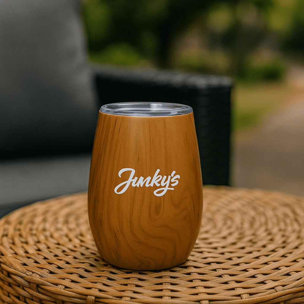 A drink bottle in a wood grain finish with a clear lid and a logo on the side, placed on a woven surface. Ecograin Mirror Finish 230mL Calm Cup - Image 1