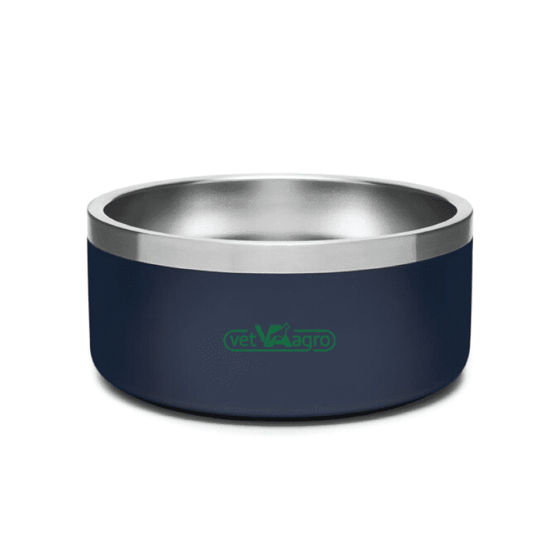 A pet bowl in navy blue with a stainless steel interior. The bowl features a logo on the side. Tucker Pet Bowl - Image 1
