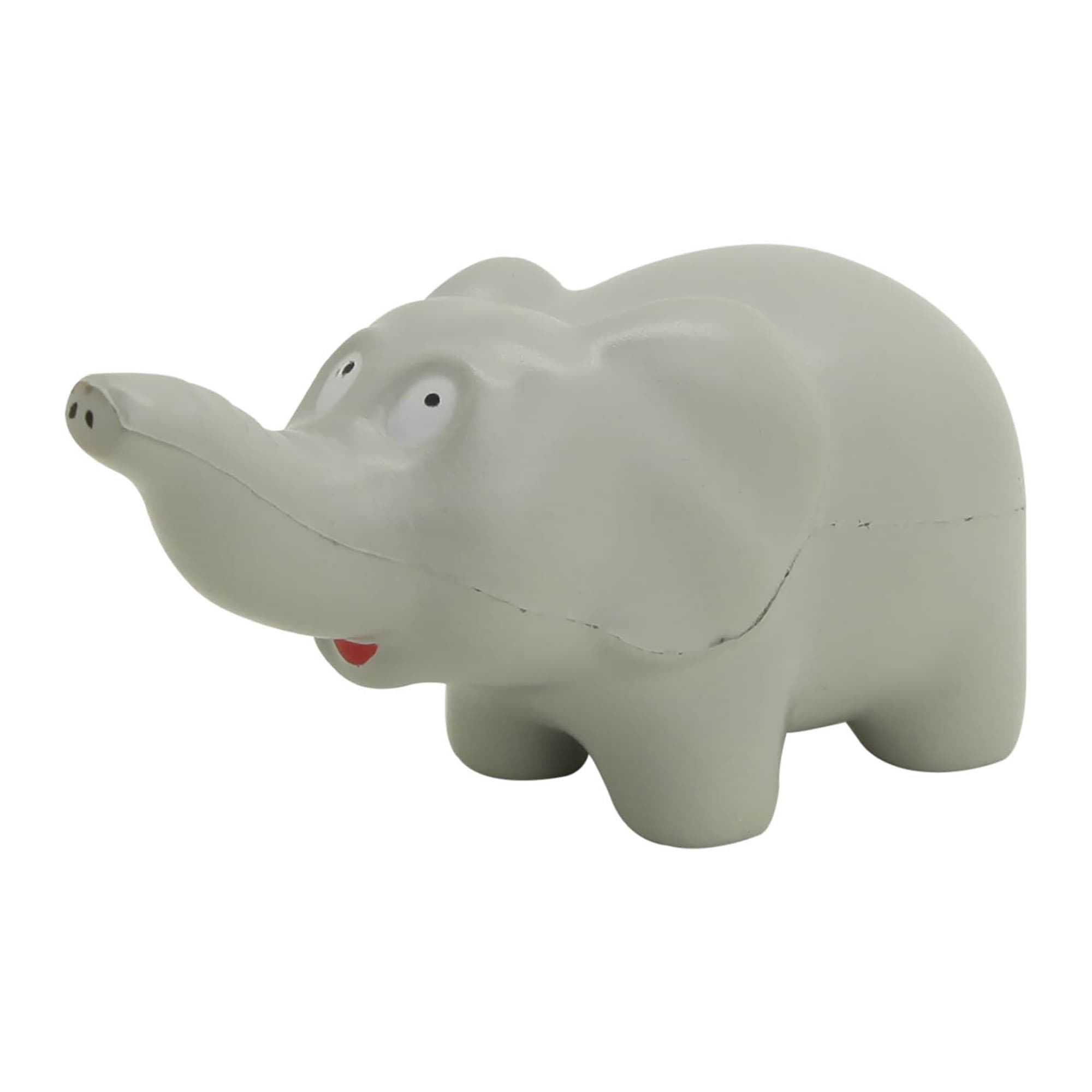 A grey stress elephant with a smiling face, featuring rounded shapes and a playful design. It has a logo on it. Stress Elephant - Image 1