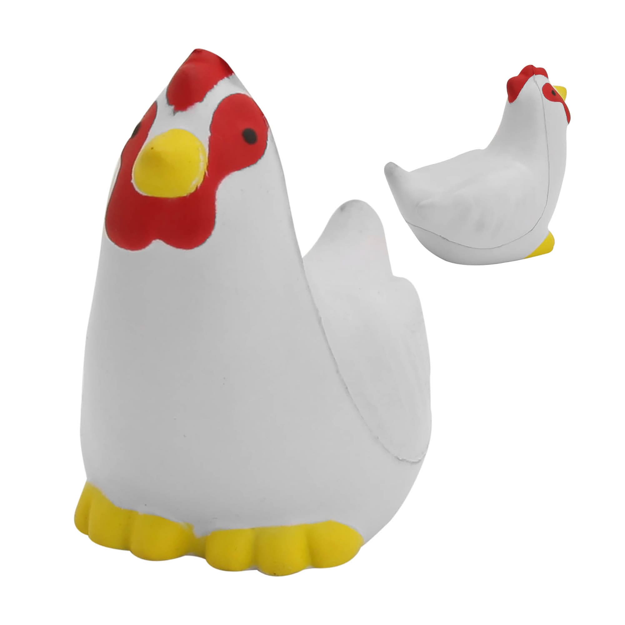 A white stress chicken with red and yellow accents, featuring a soft, squeezable texture and a simple design. Stress Chicken - Image 1