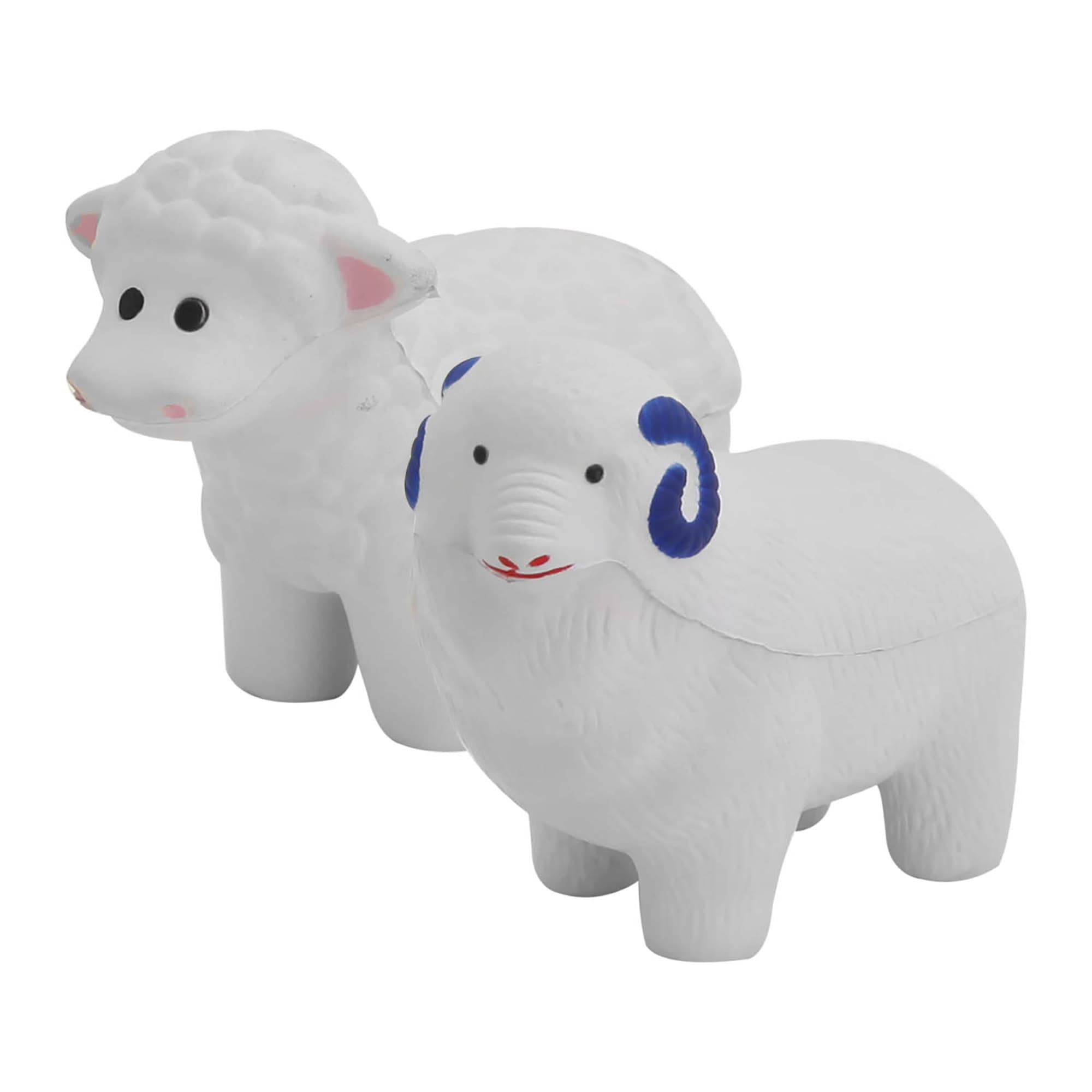 A pair of white stress sheep, featuring a ram with blue markings and a ewe with a textured wool appearance. Stress Sheep (Ram and Ewe) - Image 1