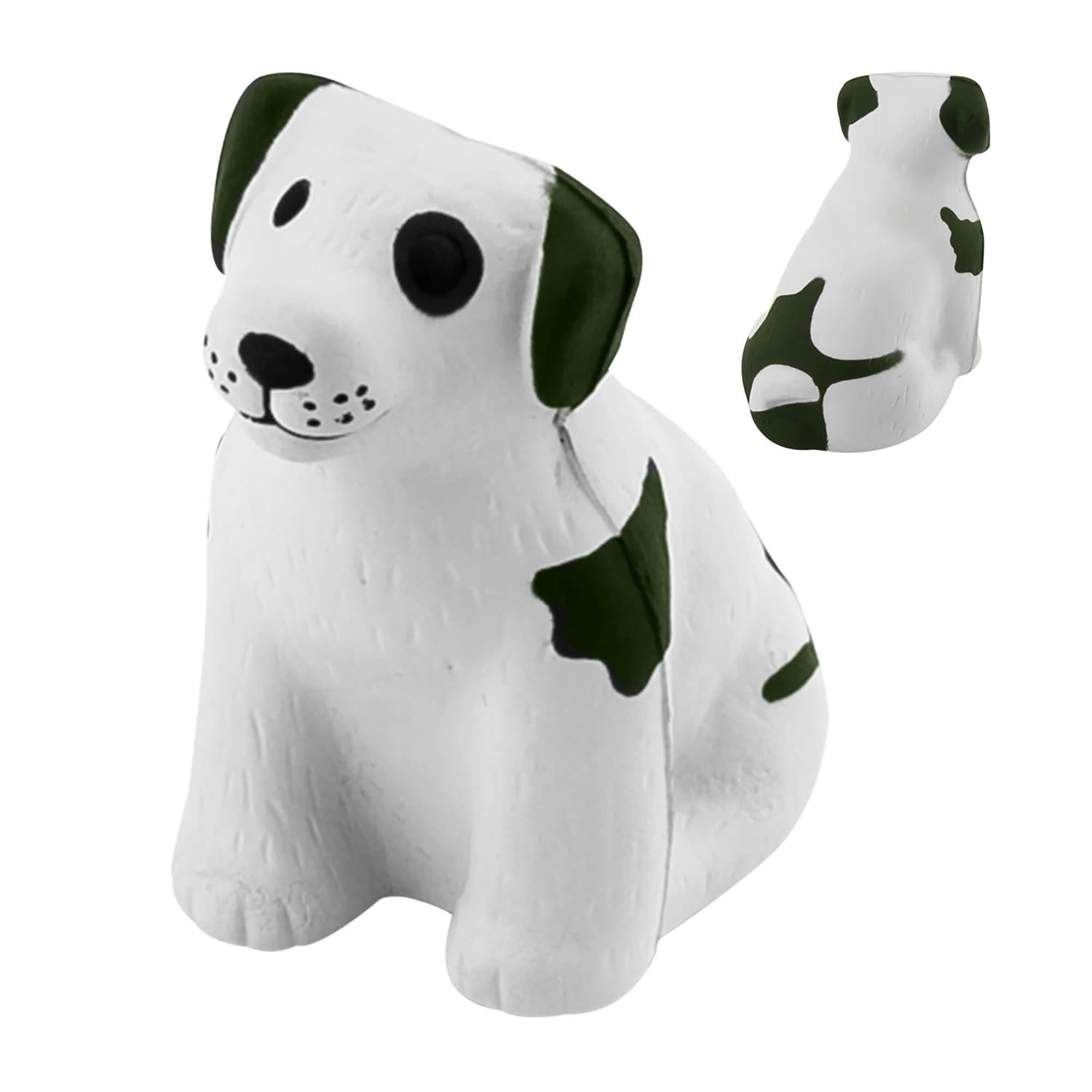 A white and green stress relief dog figurine with a rounded shape and smiling face, featuring black eyes and a spotted pattern. Stress Dog - Image 1