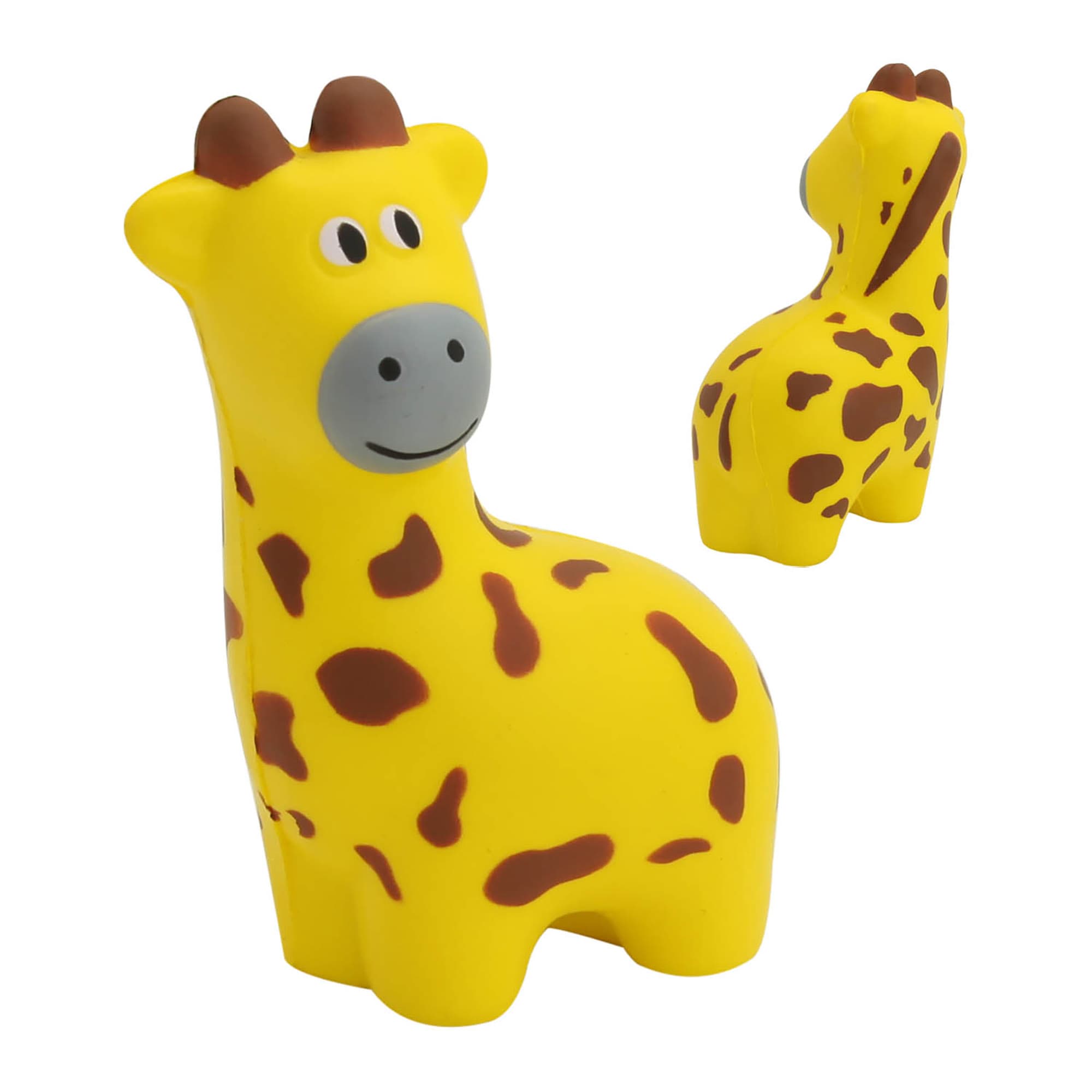 A yellow stress giraffe toy with brown spots and a smiling face, featuring a simplistic design. It has a logo. Stress Giraffe - Image 1