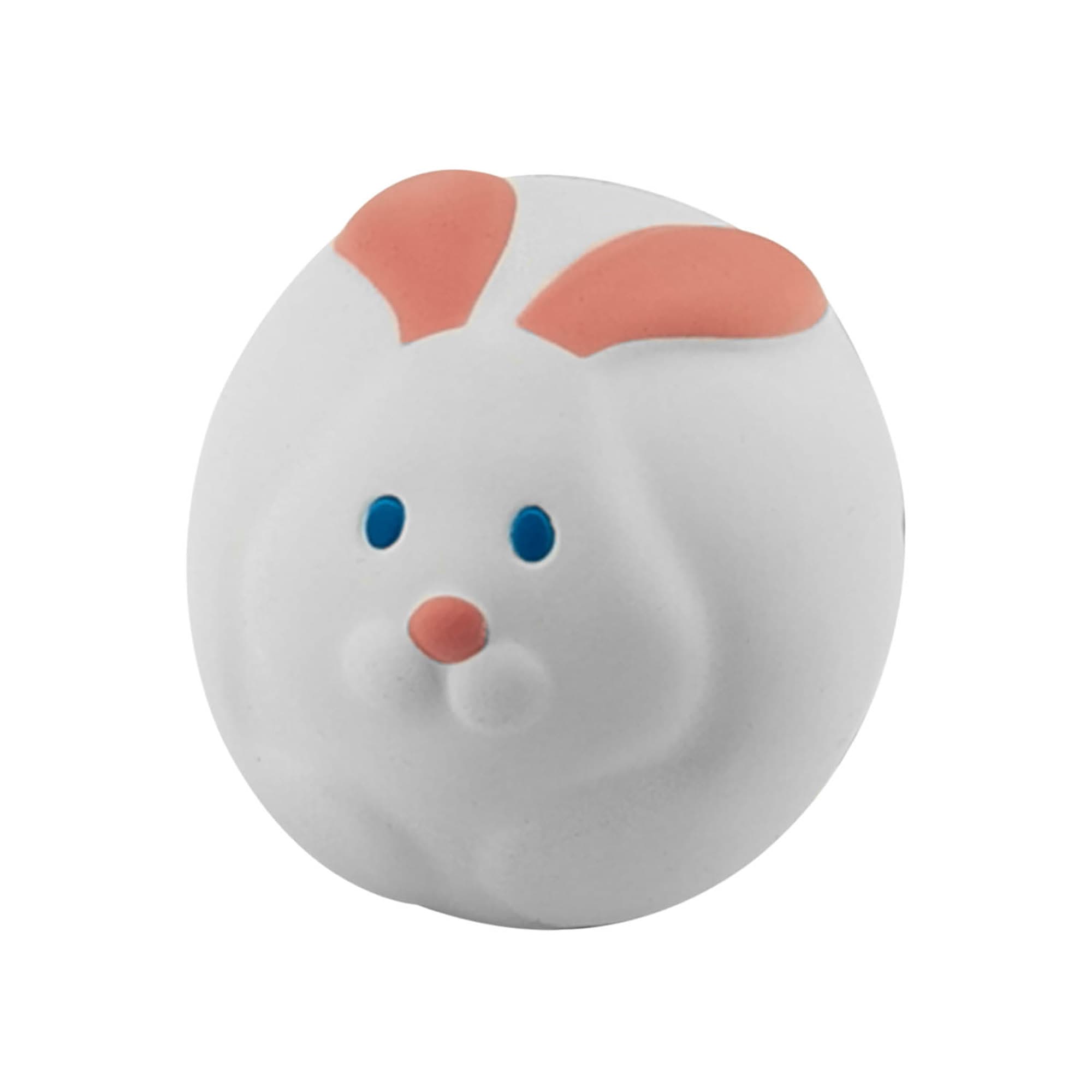 A round, white stress-relief toy shaped like a rabbit, featuring pink ears and blue eyes. Stress Rabbit - Image 1