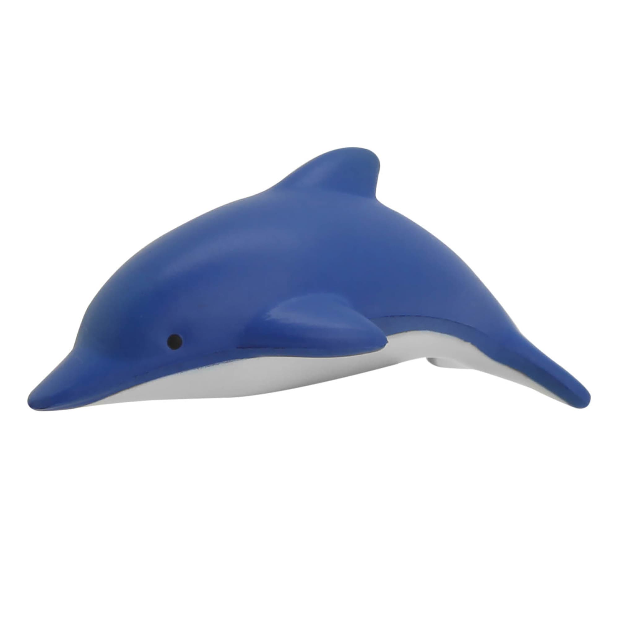 A blue stress dolphin shaped like a dolphin, made of soft material, featuring a white underside and a small black eye. Stress Dolphin - Image 1