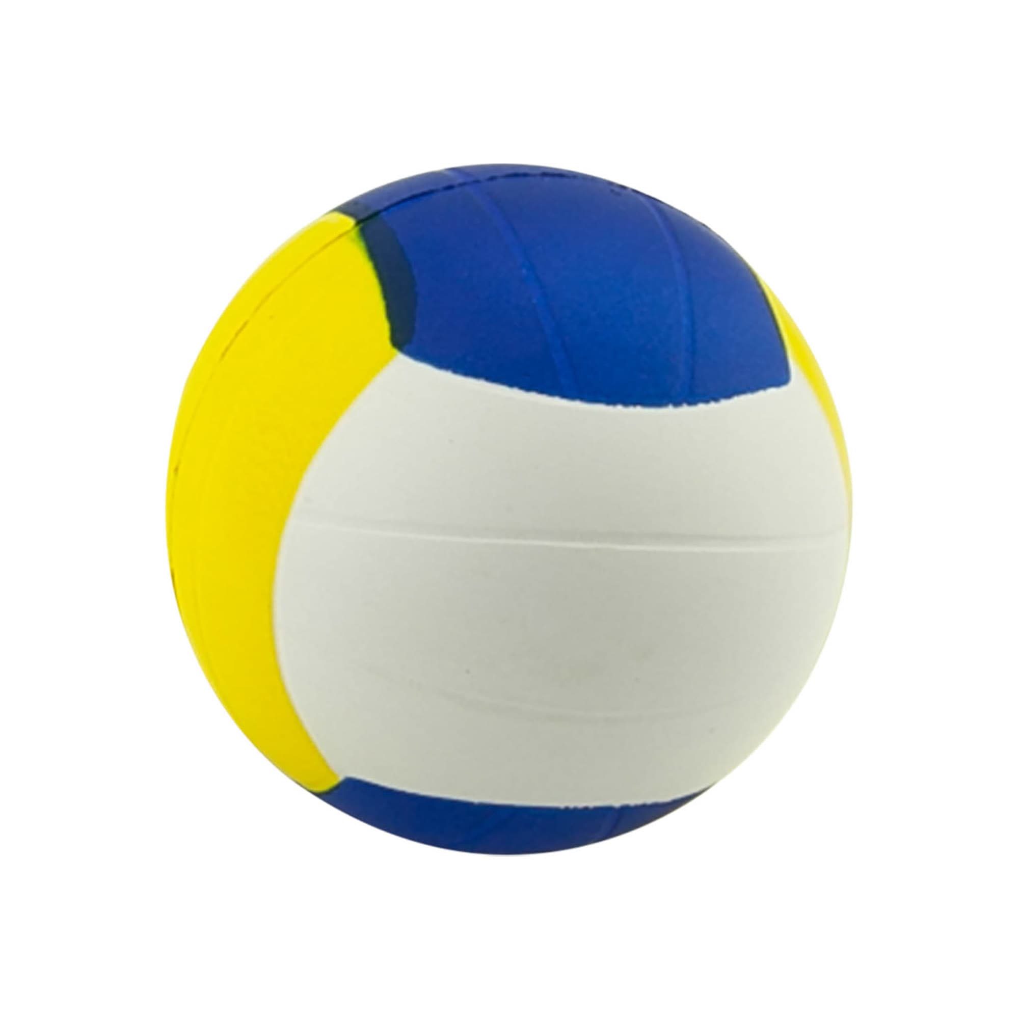 A multi-coloured stress ball featuring blue, yellow, and white segments, shaped like a volleyball. It has a logo. Stress Hackey Sack Ball - Image 1
