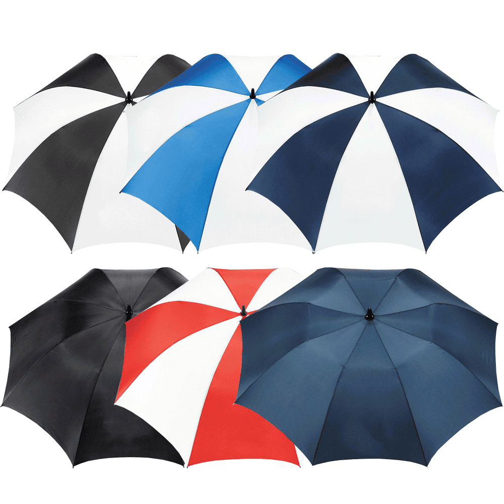 A range of golf umbrellas in black, white, blue, red, and navy, featuring a central logo on each. Tour Golf Umbrella - Image 1