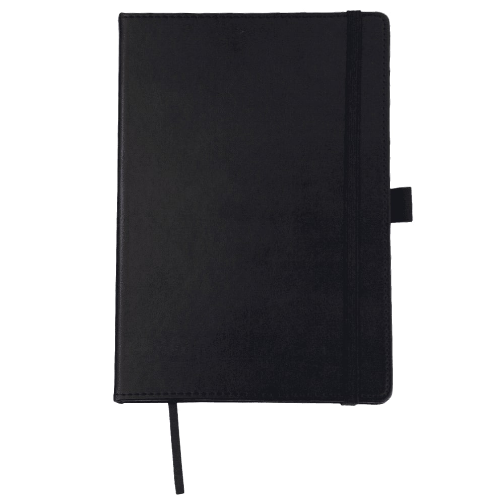 A black A5 journal book with a textured cover, an elastic band, and a ribbon marker. It features a logo on the cover. Scriptura A5 JournalBook - Image 1