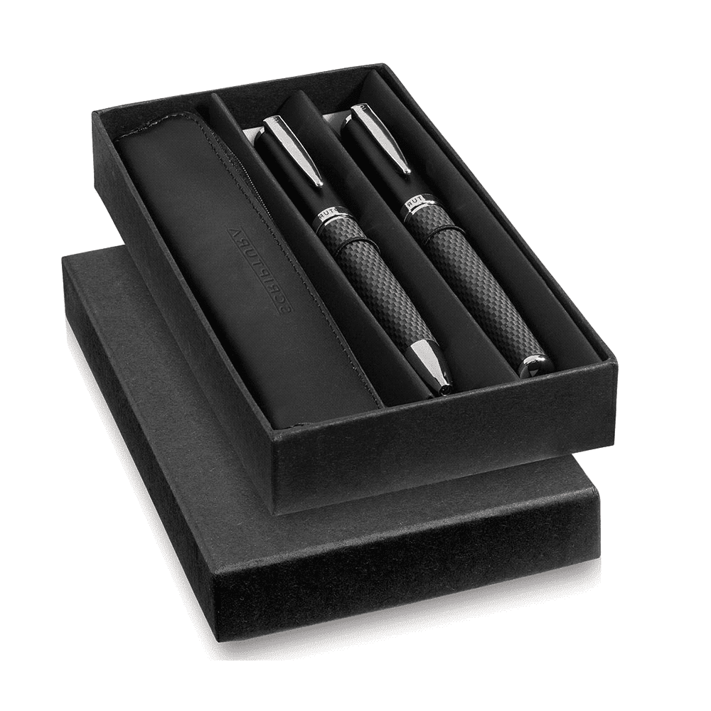 A sleek black gift box containing a set of two metal ballpoint pens with a textured finish and a leather case. Scriptura Ballpoint Pen Gift Set - Image 1