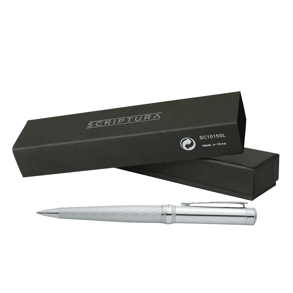 A silver metal ballpoint pen with a textured grip, presented in a sleek black box with a logo. Scriptura Striation Ballpoint Pen - Image 1