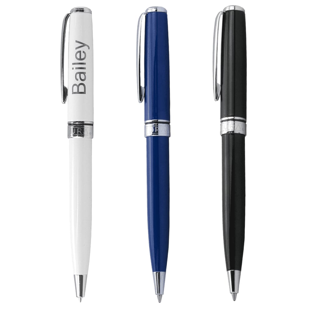 A group of three Scriptura Slick ballpoint twist action pens in white, blue, and black with a logo on each. Scriptura Slick Ballpoint Twist Action Pen - Image 1
