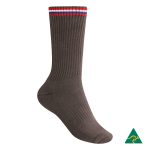 Brown school socks featuring ribbed texture and red and blue stripes at the top, with a logo in the corner.
