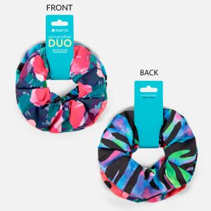 A duo set of printed scrunchies featuring a vibrant floral design and a bold abstract pattern. Includes a branded tag.