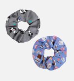 A duo set of printed scrunchies featuring a grey panda design and a blue dessert pattern. Each has a playful style.