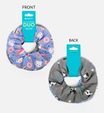 A printed scrunchie duo set featuring a light blue design with animals and donuts, and a grey design with pandas.