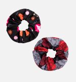 A duo set of printed scrunchies featuring vibrant patterns in black, red, and grey colours. Includes a branded logo.