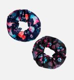 A duo set of printed scrunchies featuring colourful animal patterns on a dark background in blue and black.