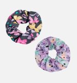 A duo set of printed scrunchies featuring a black design with coloured bows and a pastel floral pattern.