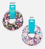 A printed scrunchie duo set featuring floral designs in pink, purple, and green, with a logo visible on the packaging.