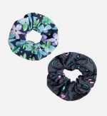 A duo set of printed scrunchies in floral and abstract designs, featuring shades of blue, green, and pink.