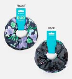 A printed scrunchie duo set featuring floral designs in navy and grey, with a branding tag attached.