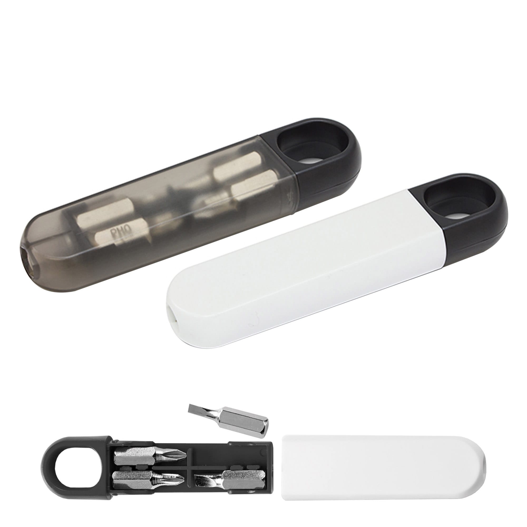 A compact mini screwdriver kit in black and white, featuring multiple screwdriver bits stored in a slim case with a loop. Mini Screwdriver Kit - Image 1