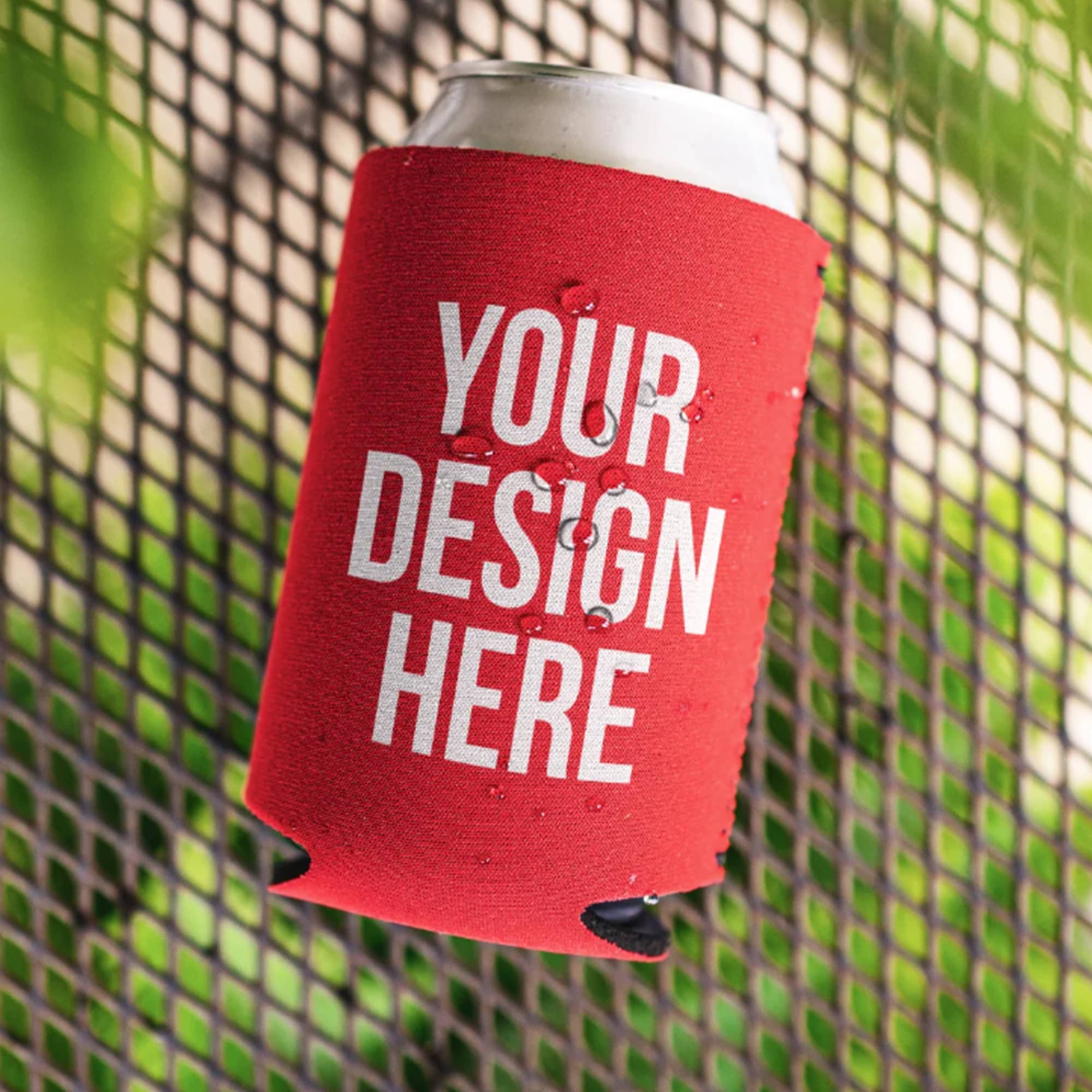 A red stubby cooler featuring a can, with a logo and a blank design area for customisation. Classic Foam Stubby Cooler - Image 1