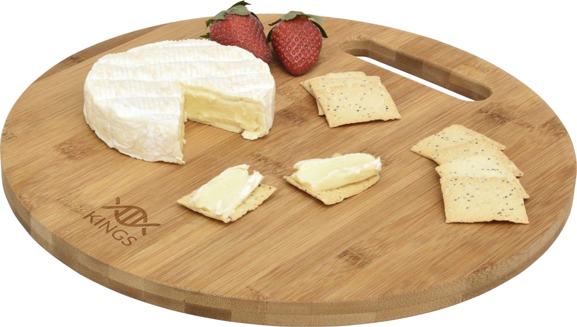 A round bamboo cheese board featuring a wedge of Brie, crackers, and strawberries, with a branded logo. Share Plate - Image 1