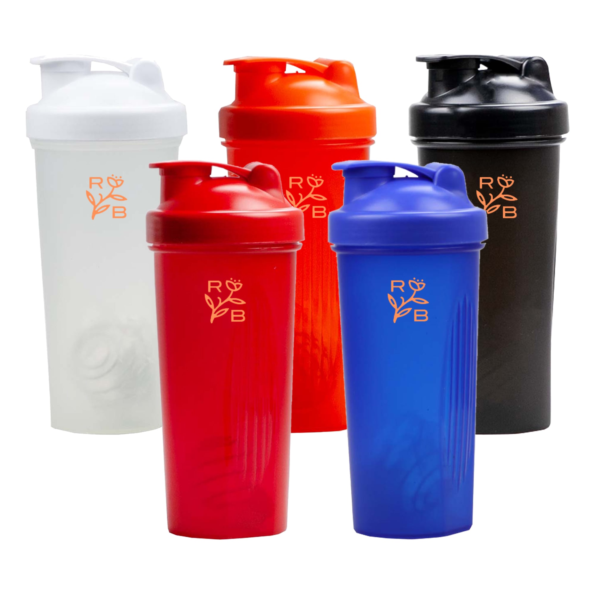 A drink bottle set featuring five protein shakers in white, red, orange, black, and blue, each with a logo. Anniston Protein Shaker - Image 1