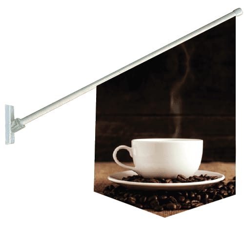 A double-sided flag featuring a white coffee cup on a saucer surrounded by coffee beans, displayed on a pole. Shop Front Flag 600mm x 400mm Double Sided Oxford Fabric - Image 1