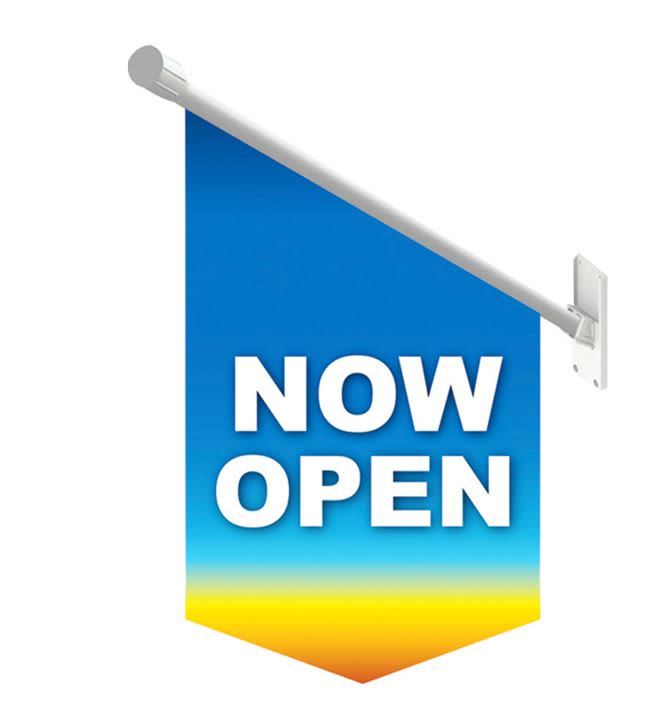 A blue and yellow double-sided vinyl shop front flag, featuring a white pole and a logo. Shop Front Flag 600mm x 400mm Double Sided Vinyl - Image 1