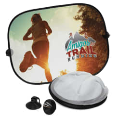 A sunshade designed for car side windows featuring a nature-themed graphic and a logo, with a circular storage pouch. Auto Car Side Window Sunshade - Image 1