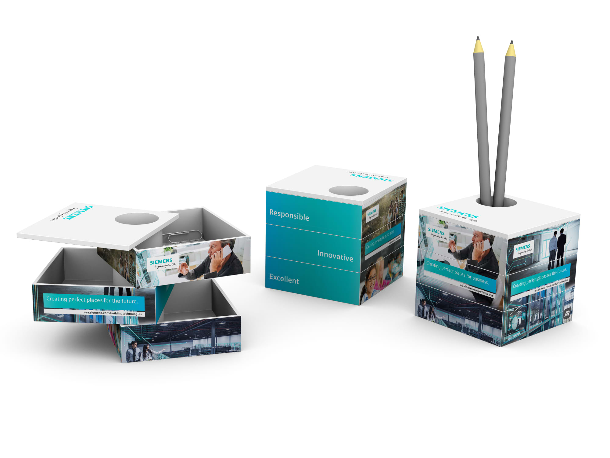 A three-dimensional stationery box in white and teal, featuring compartments for storage and a pencil holder on top. Magic Sliding Stationery Box - Image 1