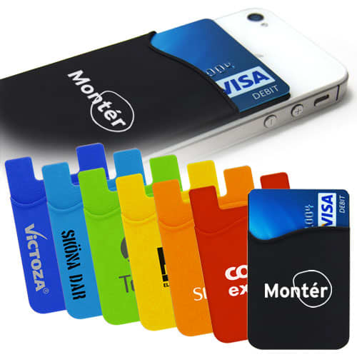A silicone mobile phone wallet in various colours, holding a card, attached to a mobile phone. Features a logo. Silicone Mobile Phone Pocket - Image 1