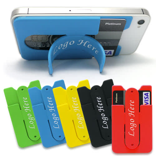 A variety of silicone mobile stands in blue, green, yellow, black, and red, each with a pocket for cards. Silicone Mobile Stand with Pocket - Image 1