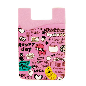 A pink silicone mobile phone pocket with colourful graphic designs and a logo. Suitable for attaching to a phone. Silicone Mobile Phone Pocket ( full colour print ) - Image 1