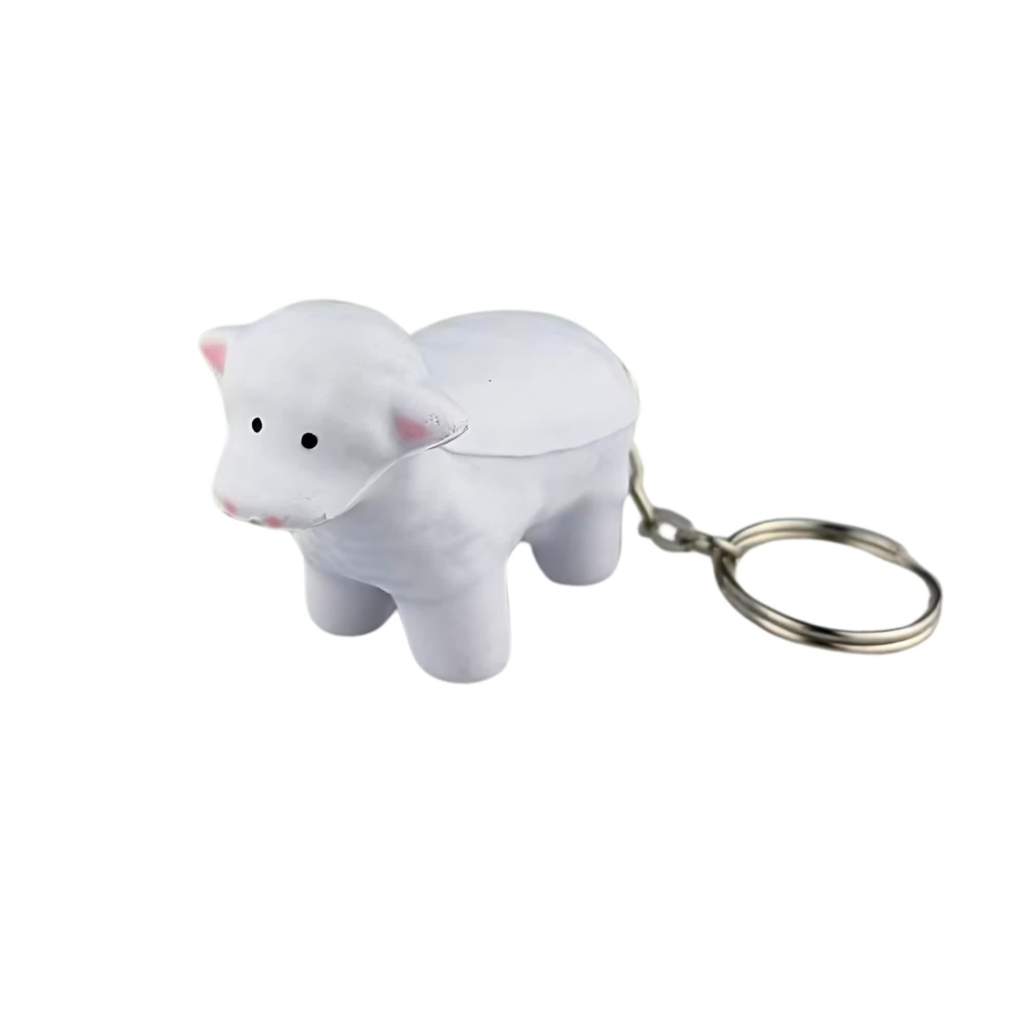 A white sheep-shaped key ring with a silver keychain, made from a stress-relieving material. Stress Sheep Key Ring - Image 1