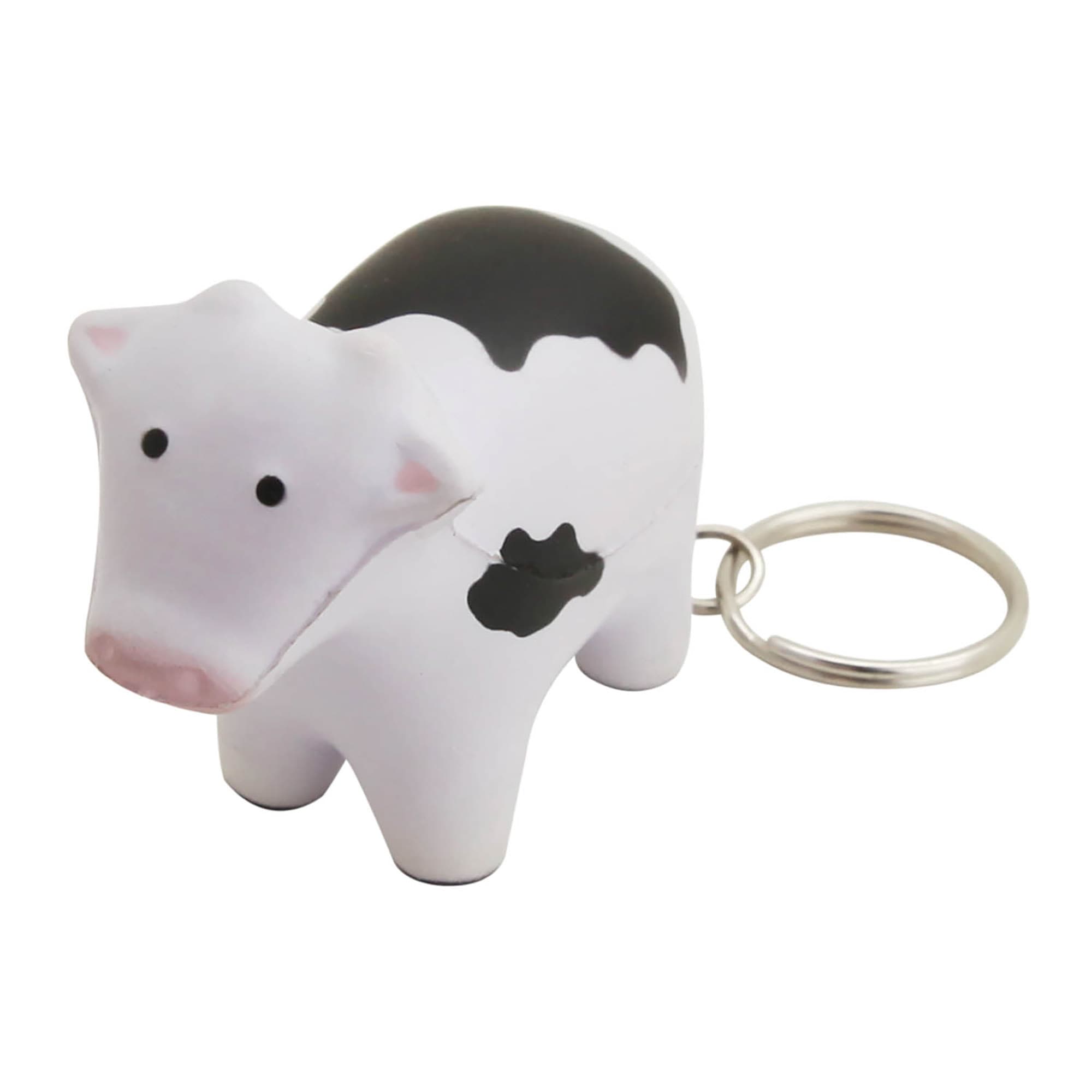 A fun black and white stress cow key ring with a metal keychain attached. Stress Cow Key Ring - Image 1
