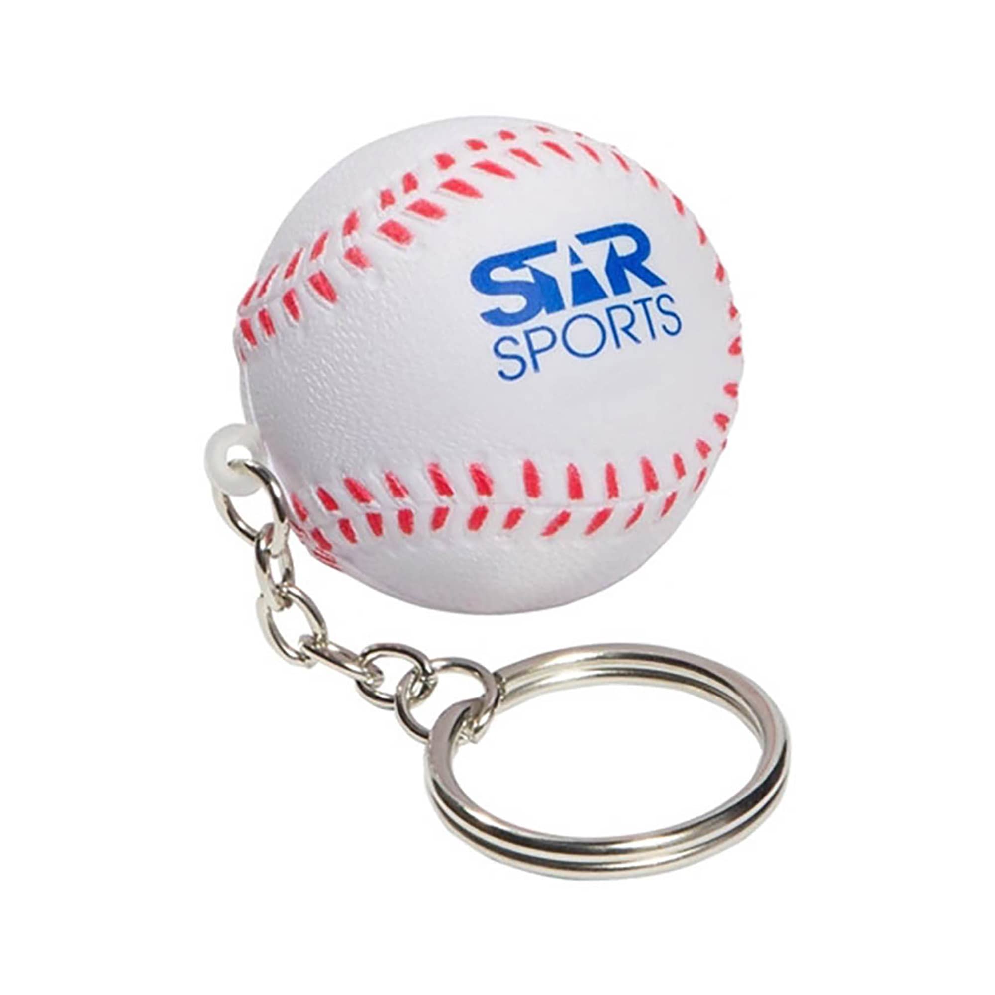 A white stress baseball key ring with red stitching and a keychain attachment, featuring a logo. Stress Baseball Key Ring - Image 1