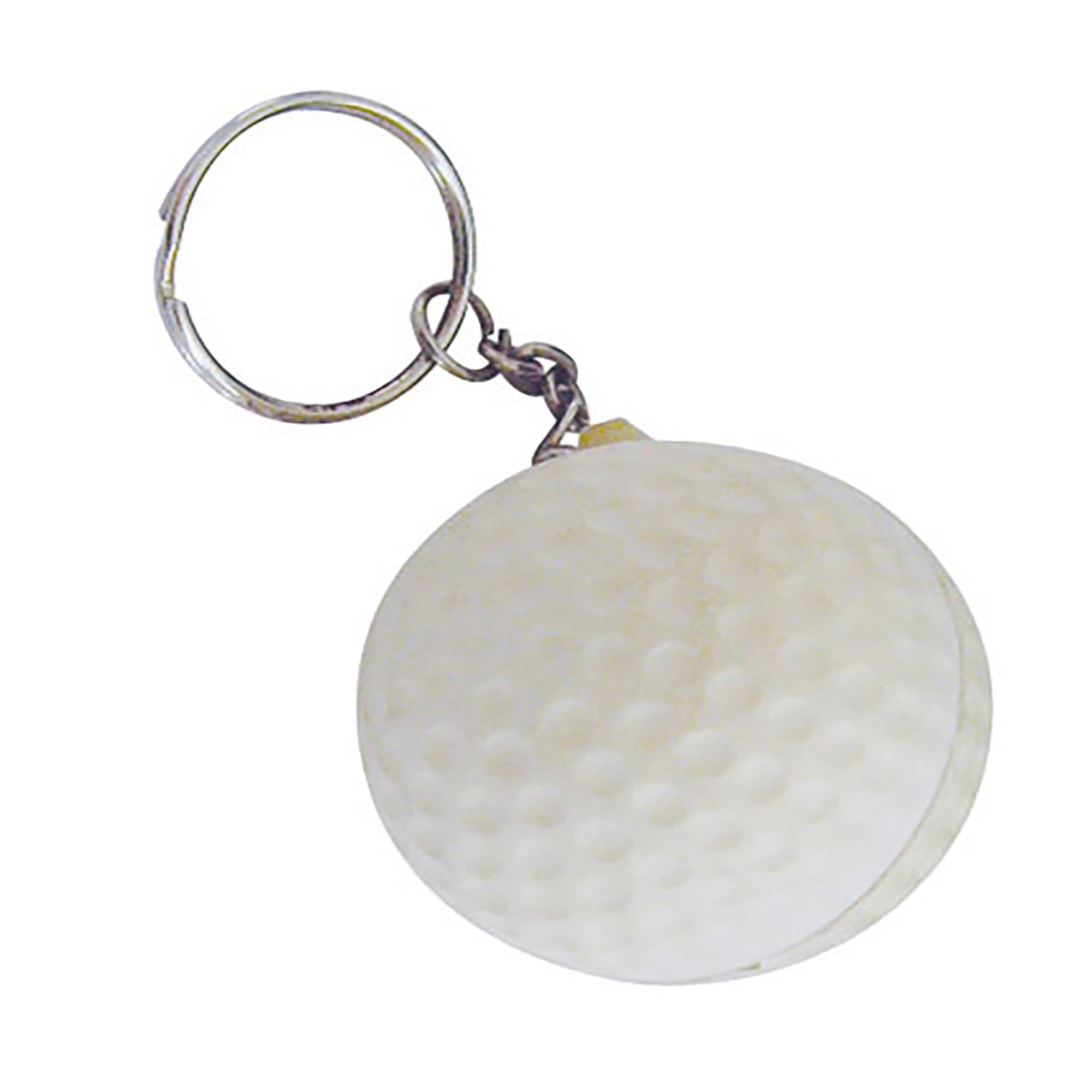 A white stress golf ball key ring with a silver keychain attachment. Stress Golf Ball Key Ring - Image 1