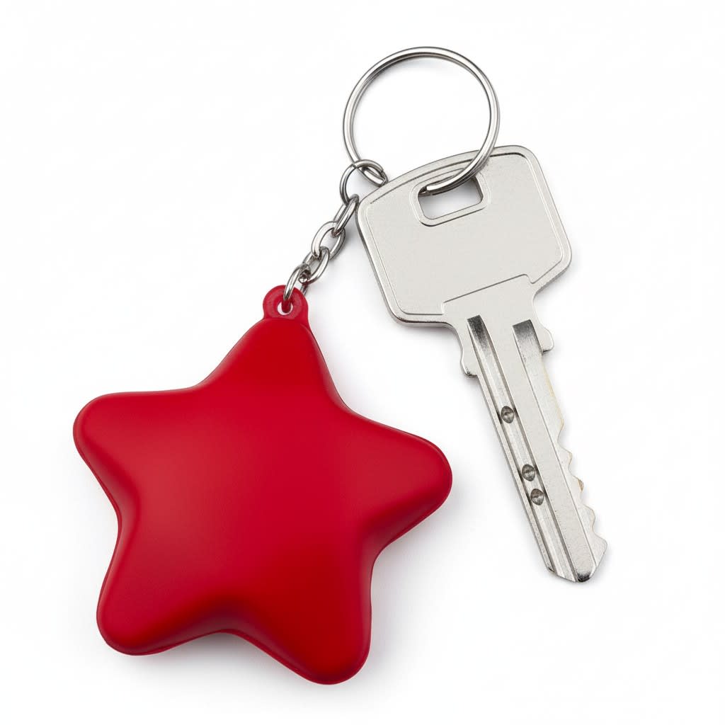 A red star-shaped key ring attached to a silver key, featuring a simple design. Stress Star Key Ring - Image 1